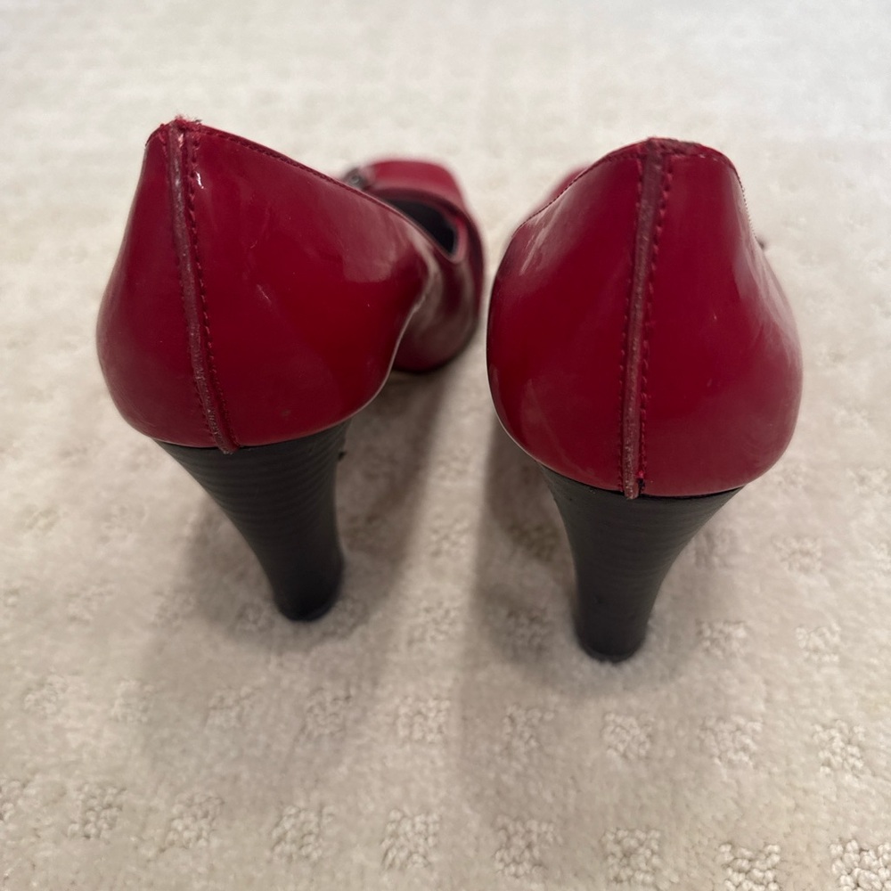 Anne Klein Red Patent Leather Buckle Pumps | Square Toe - Picture 4 of 9